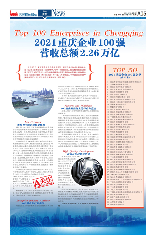A05-2021重庆企业100强 营收总额2.26万亿