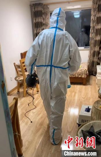 王海夫在养宠人家里给小猫喂食。　受访者供图