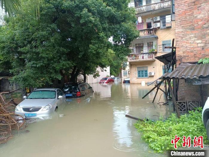 汽车被积水浸泡。　覃丽娥 摄