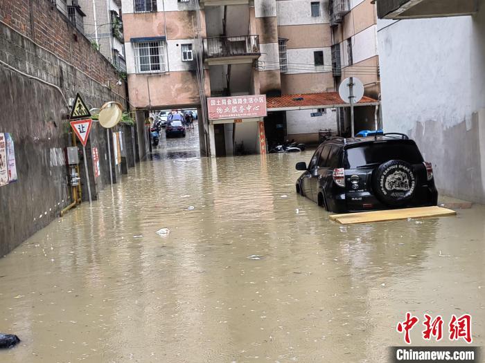 汽车被积水浸泡。　覃丽娥 摄